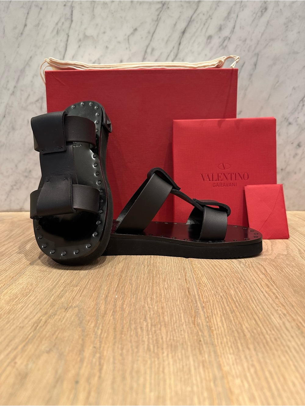 Valentino Black Leather Slides with Detachable Black Feather Accent